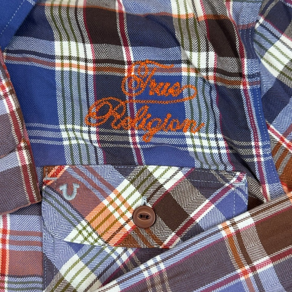 True Religion Service Co Flannel Shirt XL Blue Plaid Back Graphic Embroidered - Picture 2 of 11